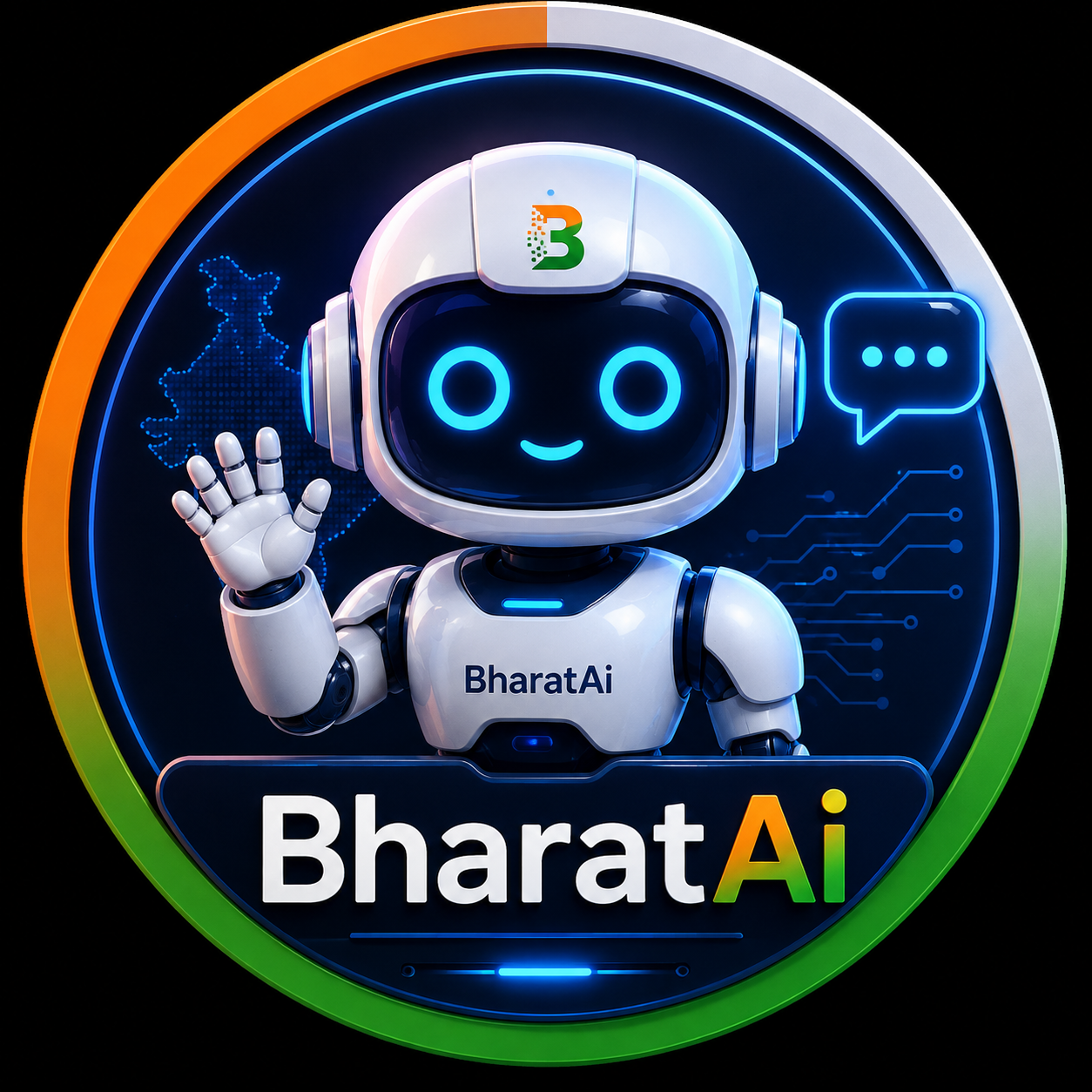 BharatAi, the Bharat4u robot mascot, waving a friendly welcome